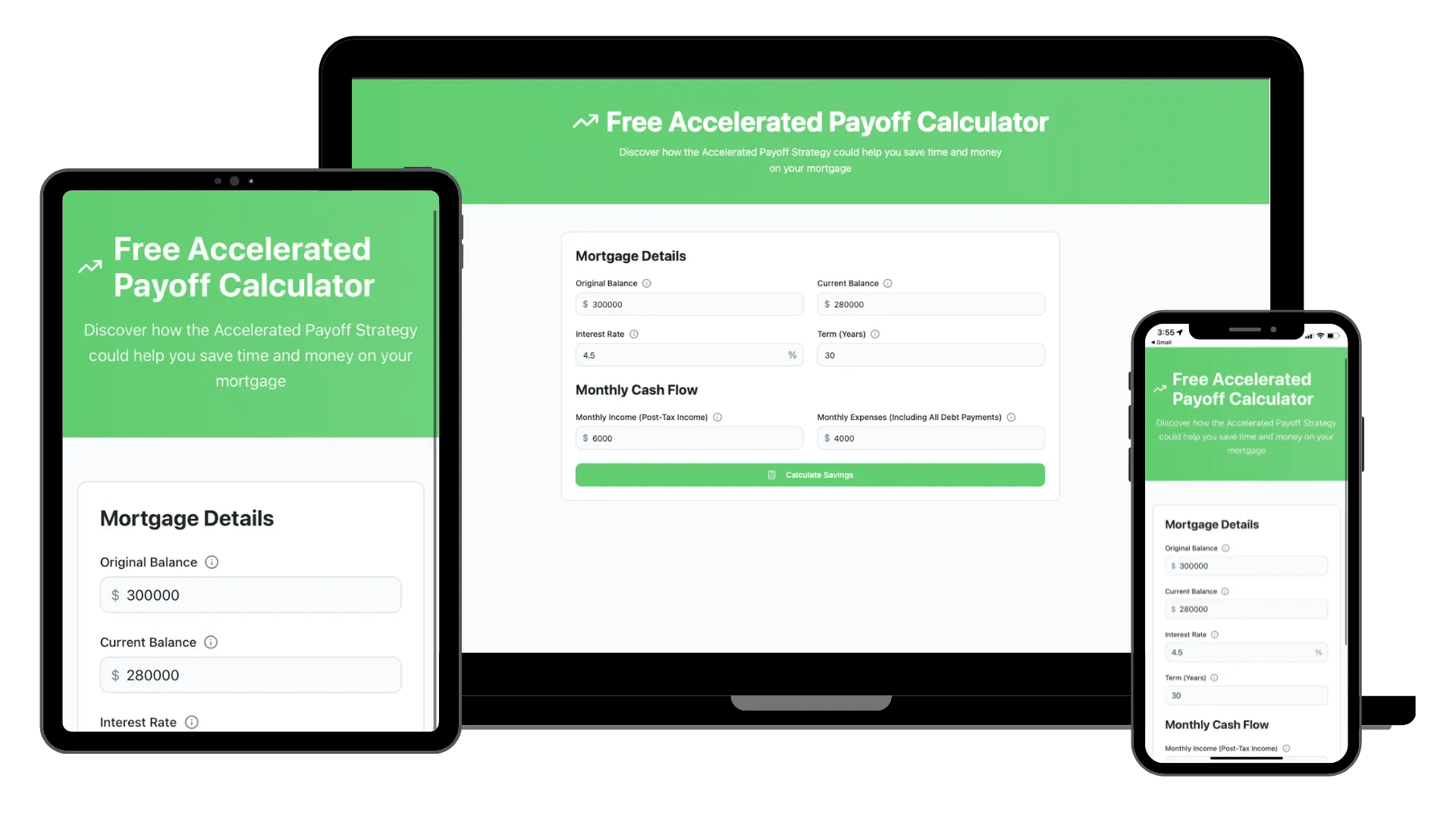 Free Accelerated Payoff Calculator shown on tablet, desktop, and mobile devices