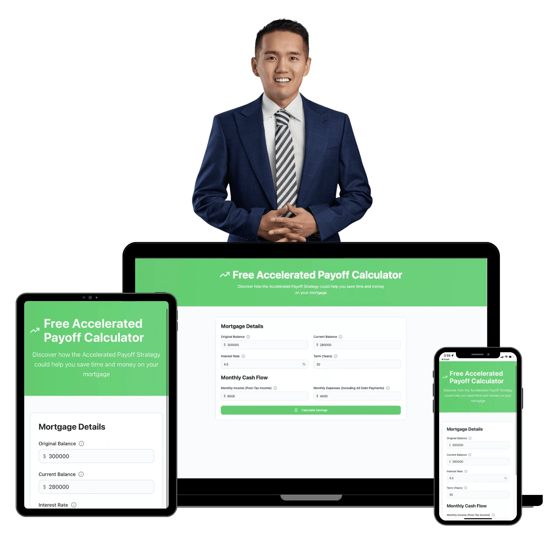 Sam Kwak with the Chop My Mortgage calculator on tablet, desktop, and mobile