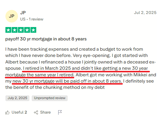Trustpilot review by JP - paid off a 30-year mortgage in about 8 years