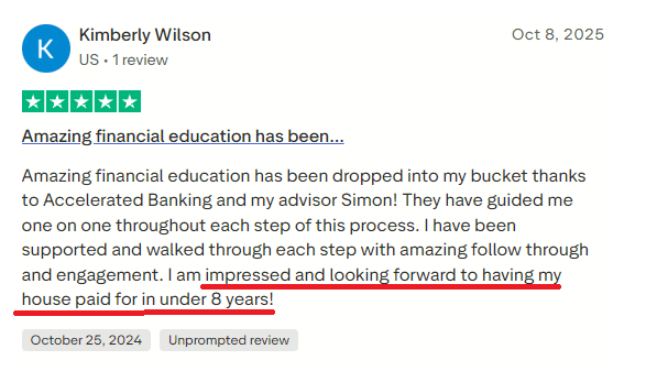 Trustpilot review by Kimberly Wilson - house paid off in under 8 years