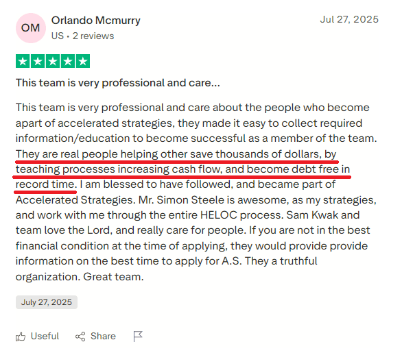 Trustpilot review by Orlando Mcmurry - professional care and financial education