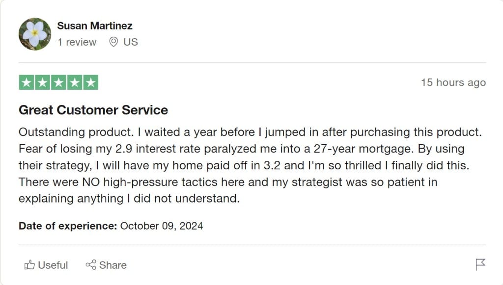 Trustpilot review by Susan Martinez - home payoff strategy and customer service
